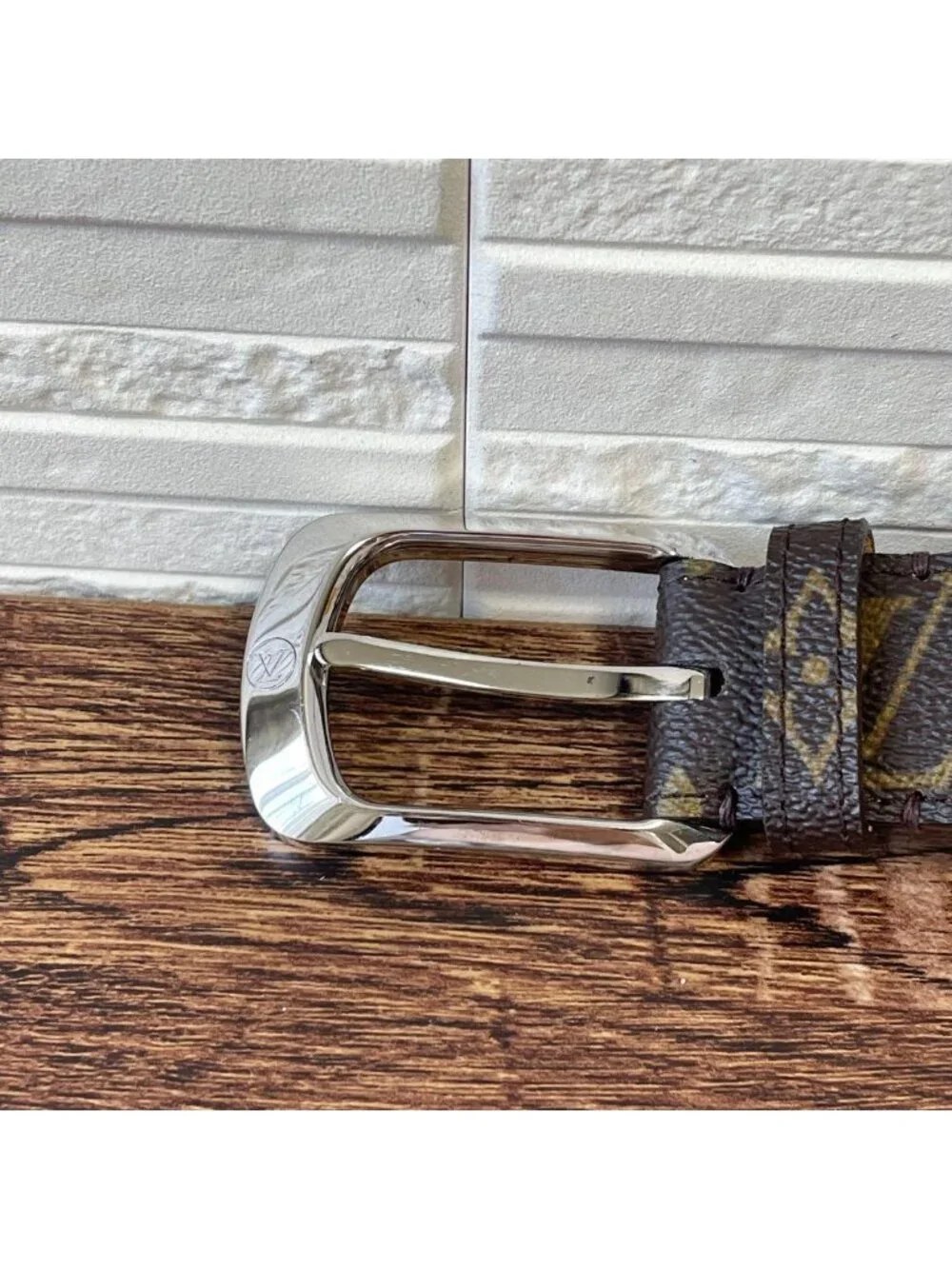 Louis Vuitton Monogram Leather Ceinture Belt Silver Brown